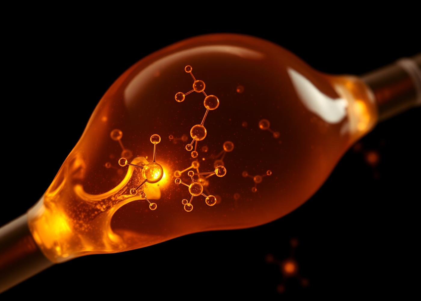 Amber glass vessel holding suspended hormone-like molecular structures
