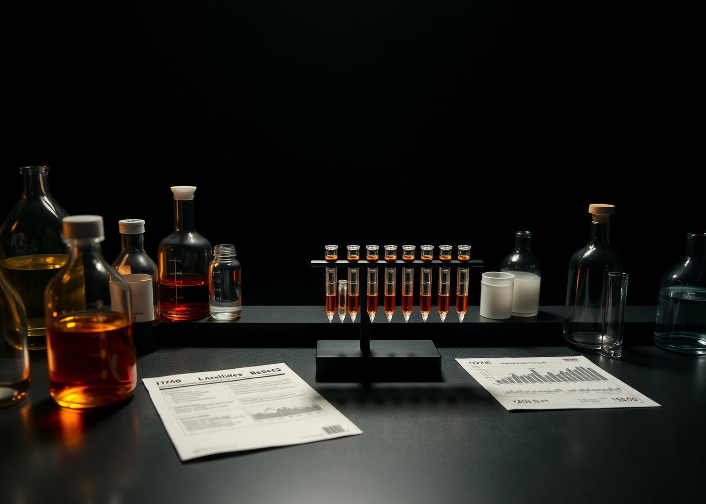 Laboratory bench with analytical glassware and printed data charts in bronze light